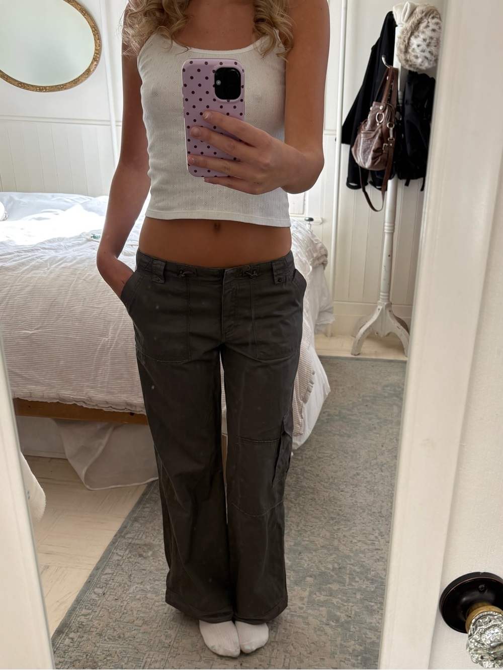 vintage low rise Wide-Leg Cargo Pants in Olive Green 100% cotton